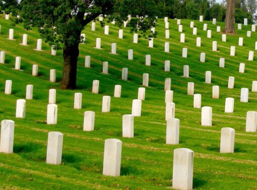 Military cemetary with rows of gravestones in plush green rolling hills
