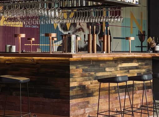 Modern bar with empty stools all around