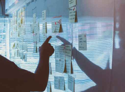 A persons hand pointing at a white board with multtiple sticky notes as they lay out their business plan