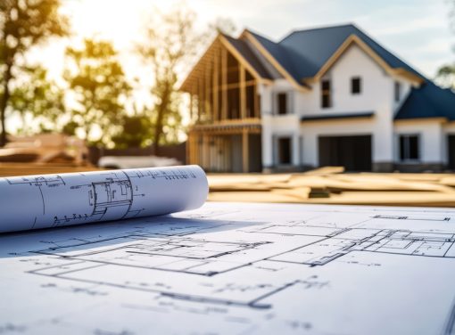 Image of residential home with blueprints