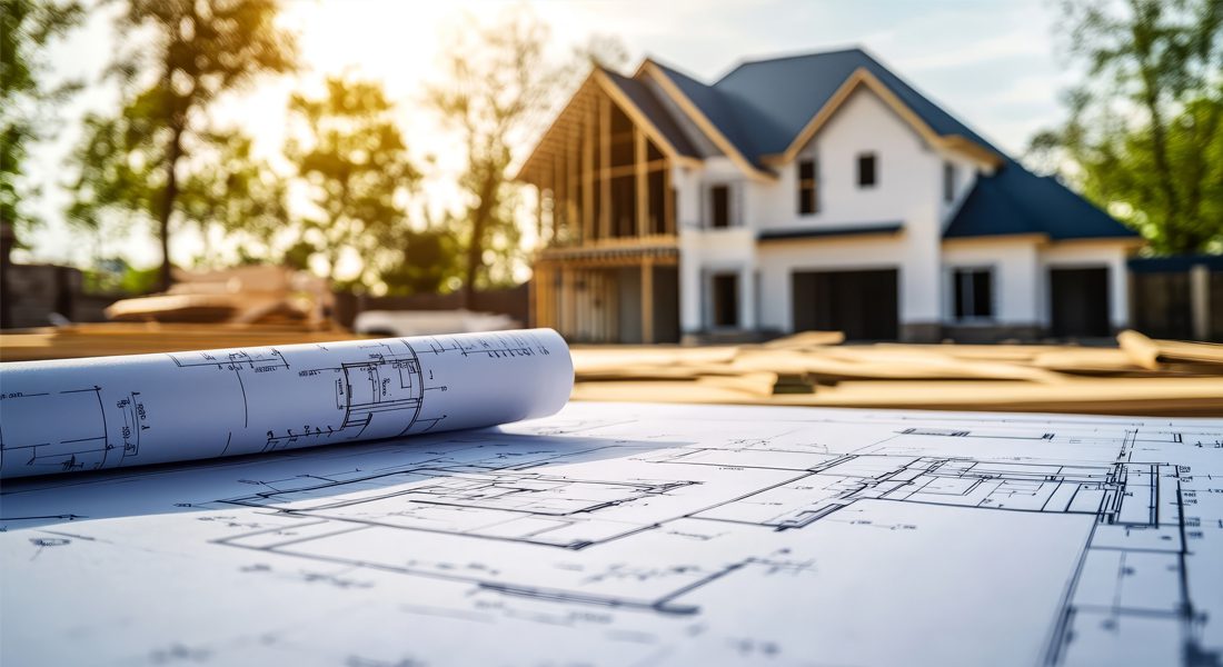 Image of residential home with blueprints