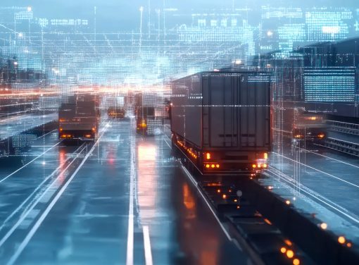 Depiction of semi truck surrounded by data analytics while driving on highway