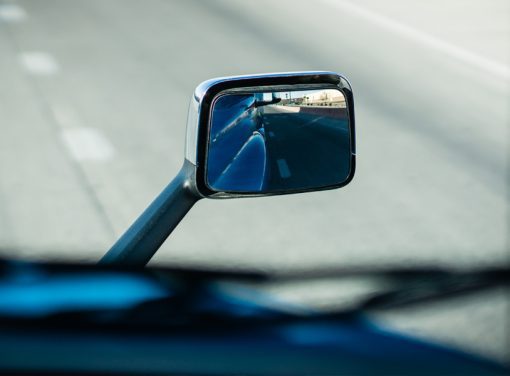 Rear view mirror of semi truck