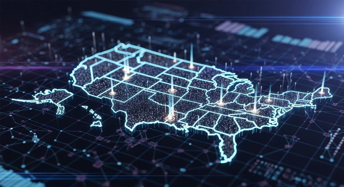 Depiction of virtual U.S. map with random locations highlighted
